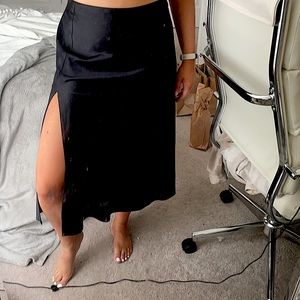 Danielle Bernstein Black Satin Midi Slip Skirt
